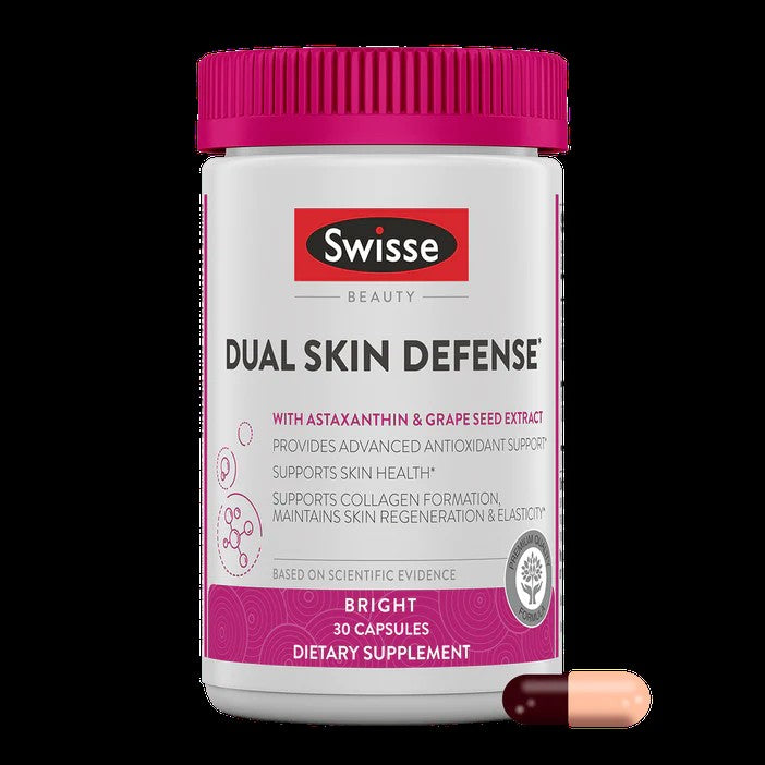 Swisse Beauty Dual Skin Defense Supplement | Astaxanthin, Grape Seed Extract, and Vitamin C | Supports Collagen Formation, Skin Elasticity, Antioxidant Protection & Regeneration | 30 Capsules