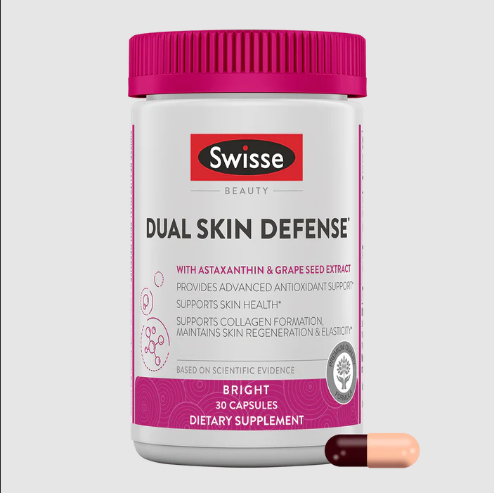 Swisse Beauty Dual Skin Defense Supplement | Astaxanthin, Grape Seed Extract, and Vitamin C | Supports Collagen Formation, Skin Elasticity, Antioxidant Protection & Regeneration | 30 Capsules