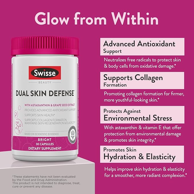 Swisse Beauty Dual Skin Defense Supplement | Astaxanthin, Grape Seed Extract, and Vitamin C | Supports Collagen Formation, Skin Elasticity, Antioxidant Protection & Regeneration | 30 Capsules
