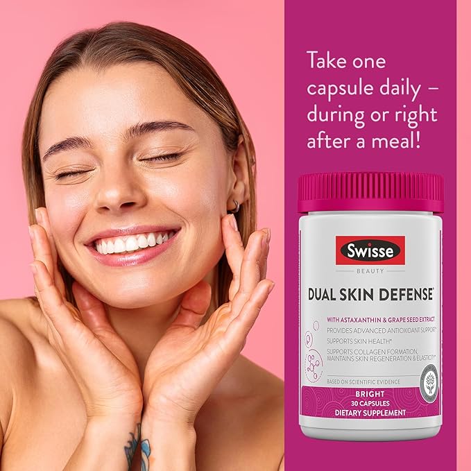 Swisse Beauty Dual Skin Defense Supplement | Astaxanthin, Grape Seed Extract, and Vitamin C | Supports Collagen Formation, Skin Elasticity, Antioxidant Protection & Regeneration | 30 Capsules