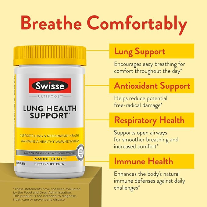 Swisse Lung Health | Supports Lung Function & Respiratory Health with Mullein Leaf Extract, Reishi, Astragalus | Maintains A Healthy Immune System with Zinc & Vitamin C | 90 Tablets