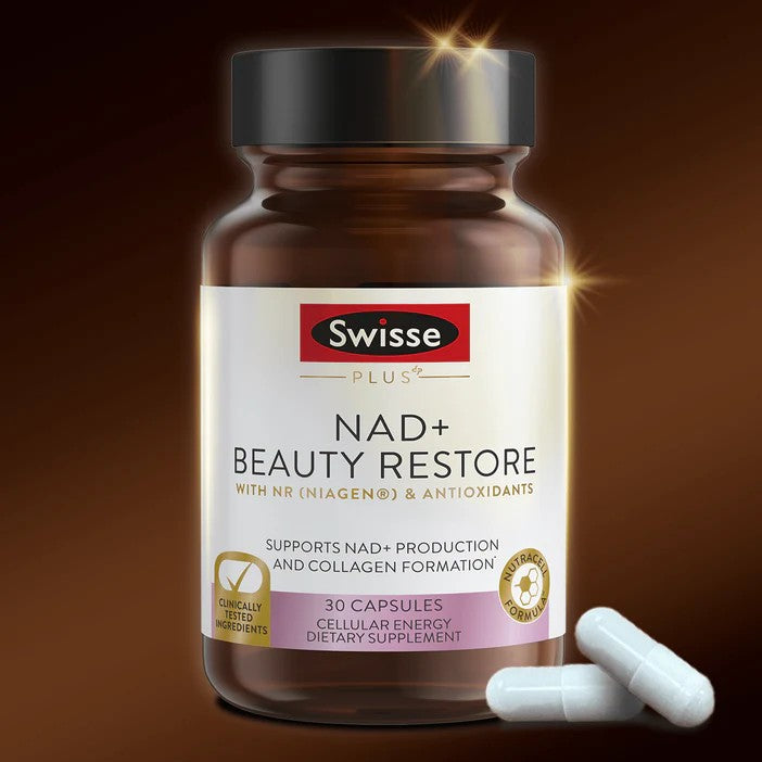 Swisse Plus NAD+ Beauty Restore | Clinically Tested Ingredients | NAD+ Supplement for Men & Women | Supports Collagen Formation, Skin Elasticity & Anti-Aging Supplement | 30 Capsules